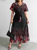 Basic Casual Dresses Plus Size Casual Dress Woman 2023 Summer V Neck Short Sleeve Floral Print Long Dress Black Curvy Size Women Clothing L49