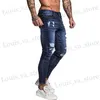 Jeans masculino gingtto mens skinny estriado reparado jeans azul escuro Hip lúpulo angustiado Super magro algodão de ajuste confortável de tamanho grande zm34 t240411