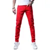 Calça jeans masculina cor y2k jeans streetwear slim straight hole ripped calça amarelo bordado