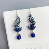 Boucles d'oreilles en peluche 925 Silver Blue Email Phoenix Tassel pour femmes Lapis Lazuli Chinois Style Exagéré