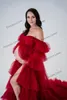 Party Dresses Red Tulle Maternity för Poshoot långärmad front slitspografi Dressing klänningar Kvinnor Prom Dress Robe de Mariee