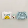 Byxor Summer Clothes Suit for Baby Girl Thin Cotton Letter Print Tshirt +Plaid PP Short Pants Boy Sports Set