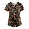 2022 Women's Scrub Top Care Workers T-shirt Tops Short Sleeve V-neck Pocket Workwear Top Christmas Nurse Uniform Clinic Blouse