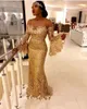 Gold Mermaid Sexy 2023 African Evening Dresses Sheer Neck Long Sleeves Sequins Prom Formal Party Pageant Gowns Plus Size Custom