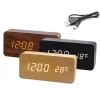 Alarm Clock LED Digital Wooden USB/AA Powered Table Watch With Temperature Humidity Voice Control Snooze Electronic Desk Alarm