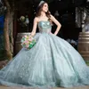 Luxury Aqua Blue Shiny Princess Quinceanera klänningar från axelpärlanapplikationerna spetsar Tull Party Dress Elegent Sweet Vestido de 15