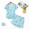 Home Clothing Sommer Kurzarm Pyjamas Frauen-Cartoon gedrucktem Pyjama Set mit O Hals T-Shirt Elastic Taille Shorts für lässig