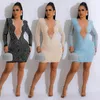 Casual Dresses Drilling V Neck Mesh Tight Skirt Rhinestone Decor Sheer Bodycon Dress