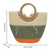Summer Contrasting Colors Straw Weaving Bag Women Hand-Woven Bag Bucket Shape Patchwork Top-Handle Bags Paper Rope Handbags Tote