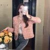 Autumn Winter Vintage Pink Tweed Weave Jacket Coat Women Small Fragrance Korean Tassel Woolen Coats Elegant Ytterkläder 240401