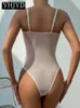 Elegante chique bodysuit vrouwen duwen slanke v nek lichaamspak kant doorzien door massieve witte lingerie shapewear zomer kleding