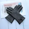 Five Fingers Gloves Fashion Women Genuine Leather Sheepskin Bow Decoration Velvet Lining Keep Warm In Winter Black Gloves