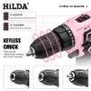 HILDA 12V LITIUM Electric Drill Pink Cordless Skruvmejsel Perforerad hand Mini Power Driver 240407