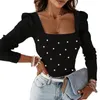 Женские блузки Женские квадратная шея футболка элегантная бисера с длинным рукавом Slim Fit Top Top Topting Wear