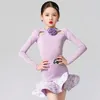 Scene Wear Purple Lace Latin Dance Dress for Girls Kids Performance Clothes Cha Rumba Practice Group Training Suit DNV19655