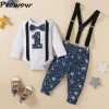 Broek voor browow mijn eerste verjaardagsuitrusting sets babyjongen kleren Gentleman Romper+Suspectder Star Moon Pants Baby Birthday Costume Boys