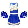 Kids Girls Cheerleading Uniform Cheer Dancewear V Neckline Letters Printed Crop Top with Skirt and 1 Pair Tassel Flower Balls