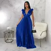 Lässige Kleider sexy Deep V Ruffle Hals Rückenless Satin Plissee Long Maxi Kleid für Frauen Schnürband Party Club Abend