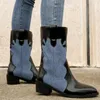 Boots pour femmes au milieu de l'éloge 2024 Chaussures de slip-on de mode d'hiver pour femmes carrés talons med femmes patchwork dames
