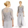 2024 Mother of the Bride Dress Pant Suits Silver Customized Spaghetti Straps Top Long Pants Sheer Lace Jacket with Sleeves 3 Pieces