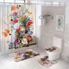 Shower Curtains Vintage Flower Oil Painting Curtain Set Non-Slip Carpet Rug Toilet Cover Bath Mat Floral Butterfly Art Bathroom