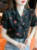 Chemises de chemisiers pour femmes Hong Kong rétro Femme Shirt Cherry Print Floral Cold Collier Short Summer Chic Chiffon Bouton en mousseline de mousseline Caminsa Camisa Mujer 240411