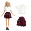 NK Official 1 Set Fashionable Leisurely Style White short-sleeved shirt cute plaid skirt classmates party party For Barbie Doll