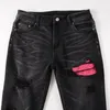 Jeans masculins High Street Rose en cuir rose Patchwork trous patchwork slim fit streetwear Designer Ripped