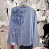 Women's Blouses Fashion Three-Dimensional Flower Ruffled Irregular Stitching Blouse Women High-End Blue Striped Shirt Long-Sleeved Blusas