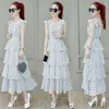 Casual Dresses Elegant Square Collar Lace Up Bow Polka Dot Cake Sleeveless Women's Clothing 2024 Summer Loose Butterfly Sleeve Floral Dress