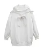 Women's Hoodies Spring And Autumn Hooded Lace Patchwork Cold-Shoulder Sweatshirt Long Sleeve Embroidered Bow Belt Loose Mid-Length Pullover