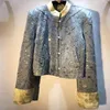 Women's Jackets Retro Stand Collar Long Sleeve Short Denim Jacket Female 2024 Spring Autumn Beaded Sequins Satin Patchwork Top Women