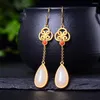 Boucles d'oreilles en peluches longues élégantes S925 argent sterling incrusté naturel HETIAN JADE Water Drop Retro Fairy