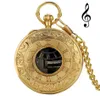 Exquise Gold Musical Movement Pocket Watch Hand Crank jouant la chaîne de musique Chaîne Roman Number Horloge Happy Year Gifts314U7660719