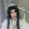 アニメの衣装コスプレティアン・グアンCIフー・シー・チンクアン・ヘアクラウン折りたたみファンshi qing xuan black long wig crown crown crown wig accessories anime 240411