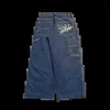 Jeans pour femmes jnco jeans y2k pantalon hip hop couronne brodée pantalon de poche bleu rétro new fashion fashion high taille pantalon de jambe large c240411