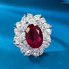 Clusterringen S925 zilver ingelegd 9 13 mm duif bloed rood ei Volledige diamant luxe inleg hoge koolstof damesstijl