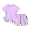 Barnkläder flickor kläder kort ärm ruffle t-shirts + shorts pyjamas kostym 2024 sommar barn loungewear baby flickor kläder