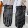 Luxury Designer Leather Mittens Men Black Sheepskin Gloves Letter Warm Cashmere Five Fingers Gloves Mens Outdoor Driving Ski Glove