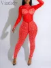 Women Sexy Sheer Mesh Pacthwork Long Sleeve Rhinestone Decor Skinny Jumpsuit