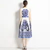 Casual Dresses 2024 Summer Vintage Blue and White Porcelain Print Vest Dress Women O Neck Sleeveless Slim High midja A-Line Midi Party