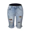 Kvinnors jeans kvinnor sommaren rippade hög midja mörkblå knälängd byxa med fickan avslappnad plus storlek vintage korta harembyxor