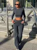 Absobe Fold On Pants Suit Kobiety Załoga Załoga długiego rękawu Slim Crop Top Flare Sports Causal Set