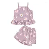 Set di abbigliamento da 2 pezzi per bambini piccoli abiti estivi stampati stampa floreali con arricciatura senza piede tracolla elastica scenografia