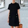 Casual Dresses Women Round Neck Loose Back Zipper Closure Dress Short Sleeves Solid Color Button Decor A-line Vintage Mini