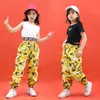 キッドクールヒップホップ服ブラックTシャツタンクトップカモフラージガールズジャズダンスコスチューム用服を着たタクティカルカーゴパンツ服を着る