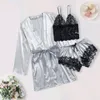 Femme de sommeil 3pcs en dentelle solide Trime en satin pyjamas ensemble avec robe Sexy Faux Silk Pijamas Robe Set Casual Home Clothes Nightwear