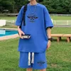 夏のレジャーメンズセットワッフルTシャツショーツパンツスーツプリントデザインシックブランドファッションスポーツ2ピース240403