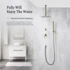 Szczotkowane złotą łazienkę Zestaw prysznicowy 8-12-calowy ramię sufitowe opady deszczu prysznicowy system kombinacji z zestawem zaworów mikserowych