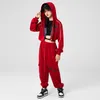 Barn scenkläder hiphopkläder röda grödor hoodie toppar skjorta jogger byxor för flickor tonåring jazz dans kostym street kläder